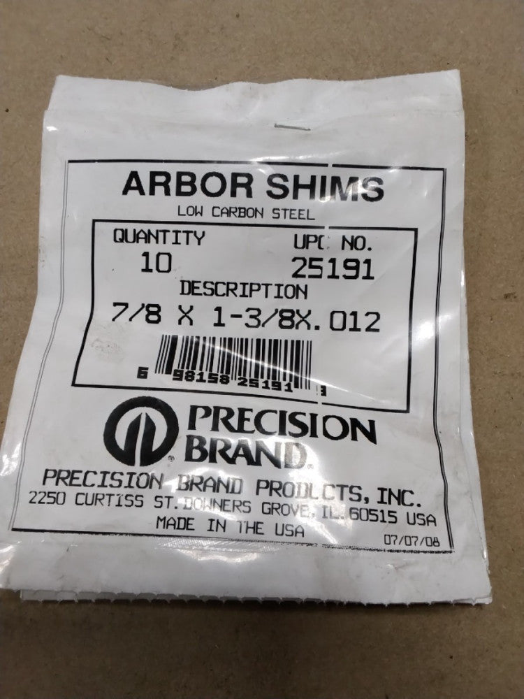Precision Brand 25191 Arbor Shims 1010 Cold Rolled Steel, Pkg Of 10