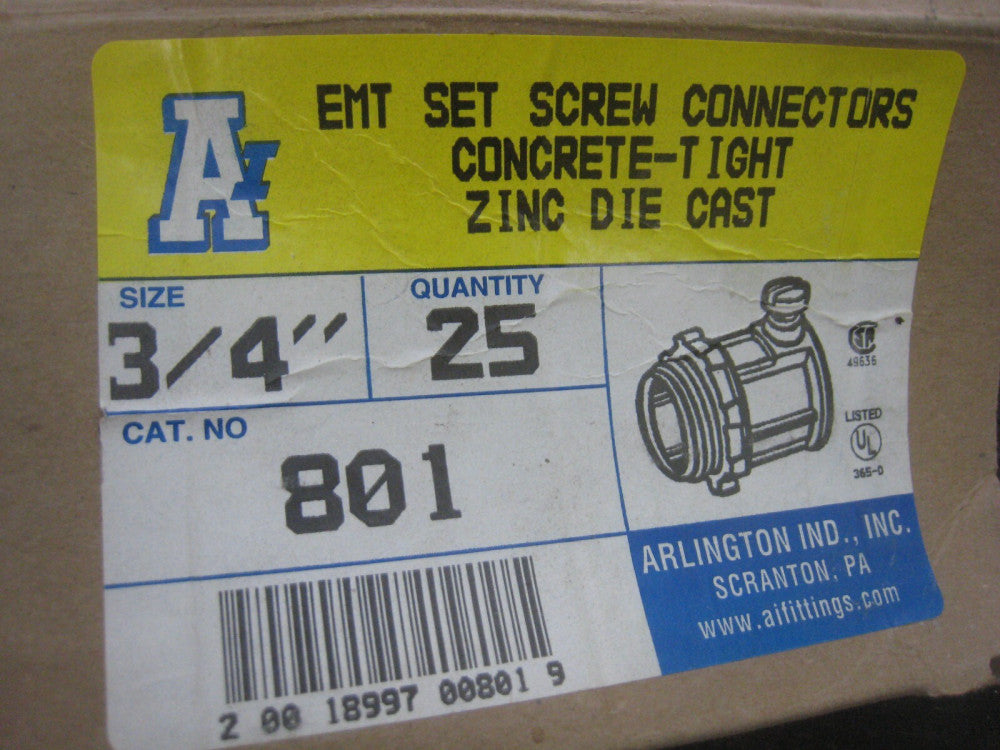 (25-Pk) Arlington EMT Set-Screw Connector Zinc Die Cast 3/4" 801