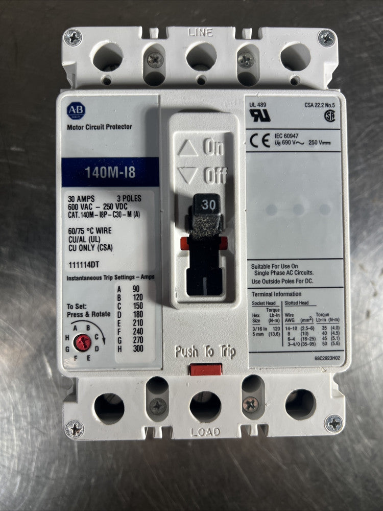 Allen Bradley 140M-I8 Circuit Breaker ~ 3P,  30amps, 600V ~ 140M-I8P-C30-M(A)