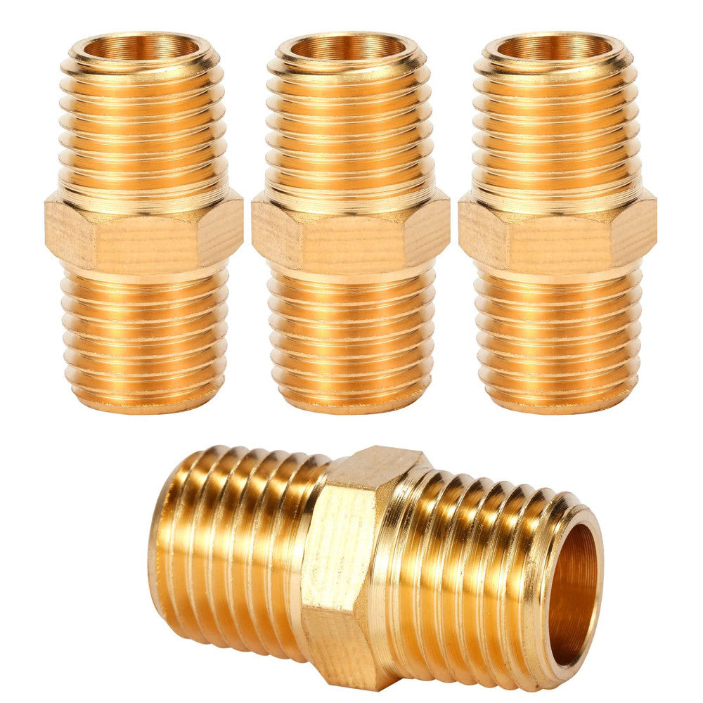 4 pcs Solid Brass Pipe Fitting, Hex Nipple, 1/4" x 1/4" NPT Male Pipe Adapter