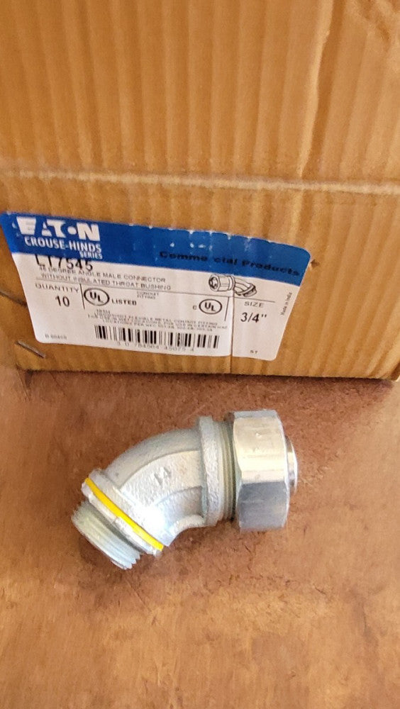 Box of 10 Eaton LT7545 45° Male Connectors 3/4" Liquidtight FMC Conduit Fittings