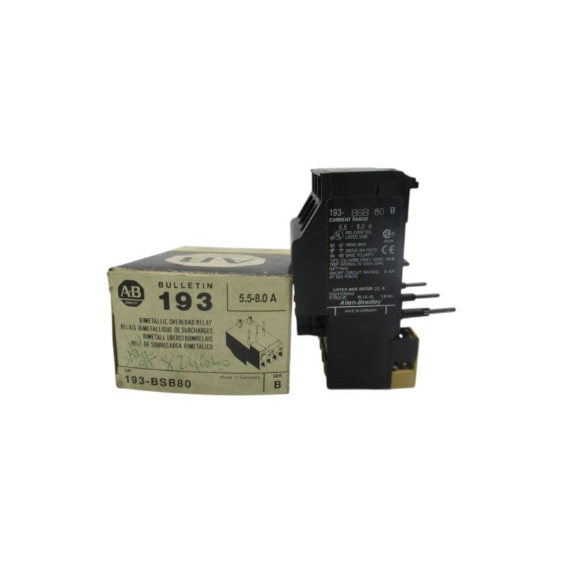 ALLEN BRADLEY 193-BSB80 SER. B 600VAC 5.5-8.0A (BK/YL) NSMP