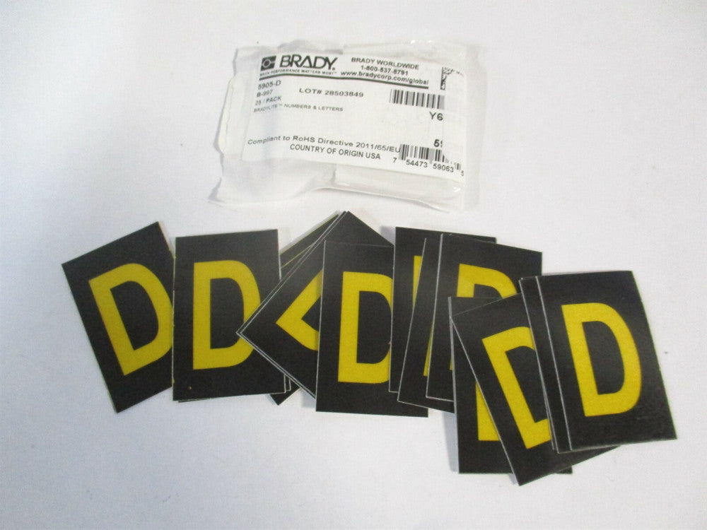 Brady (5905-D) 1" x 1-1/2" D Yellow/Black Sheeting Letter Label - Lot of 25