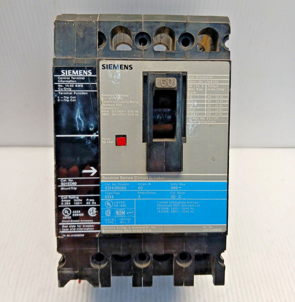 Siemens ED43B060 60 Amp Circuit Breaker  3 Pole 480 Vac with Shunt Trip S01ED60
