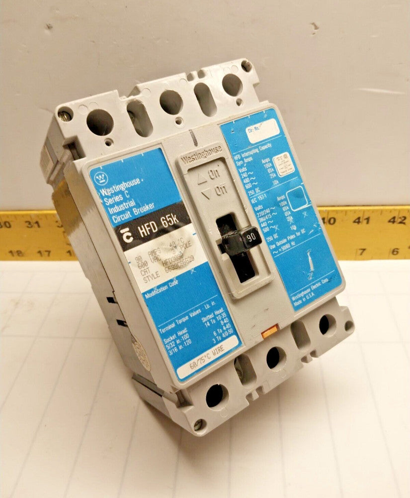 WESTINGHOUSE 90 AMP CIRCUIT BREAKER 600 VAC / 250 VDC 3 POLE  HFD3090 (FLAW)