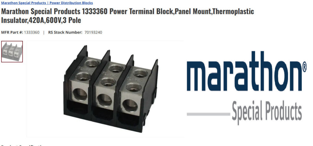 MARATHON SPECIAL PRODUCTS 1333360 Power Terminal Block 420A 600V 3 Pole