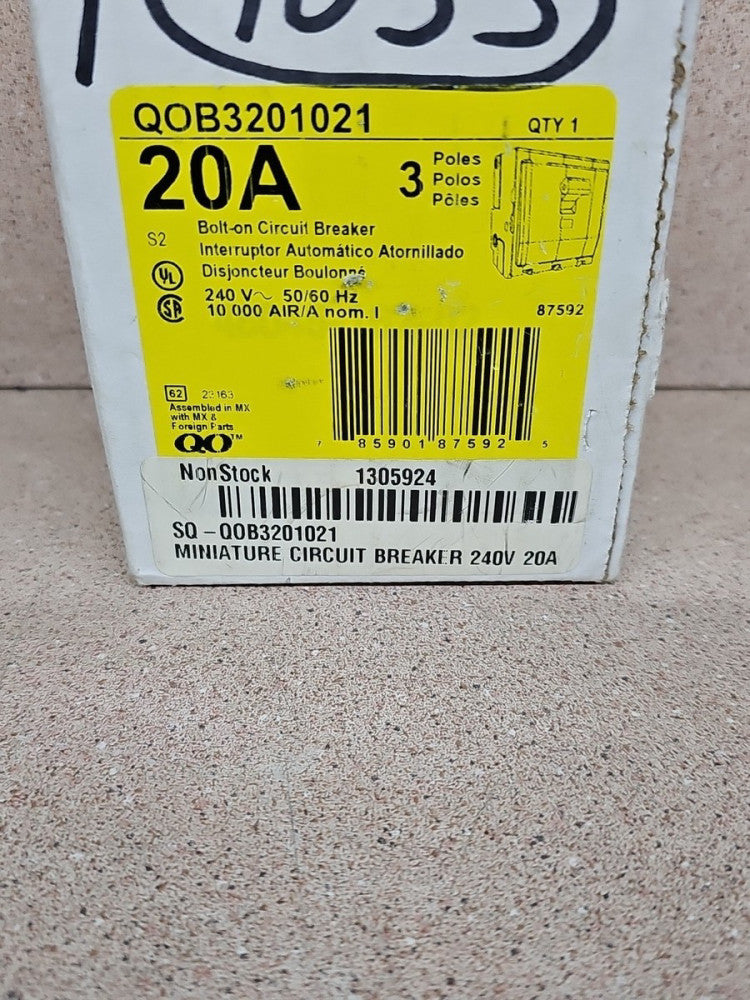 NEW - Square D QOB3201021 20 Amp 240 VAC 3 Pole Bolt-On + Shunt Trip 