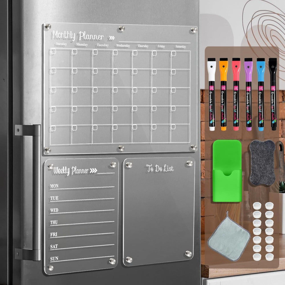 Acrylic Magnetic Dry Erase Board for Fridge，Set of 3 17"W x 0.4"H, Clear 