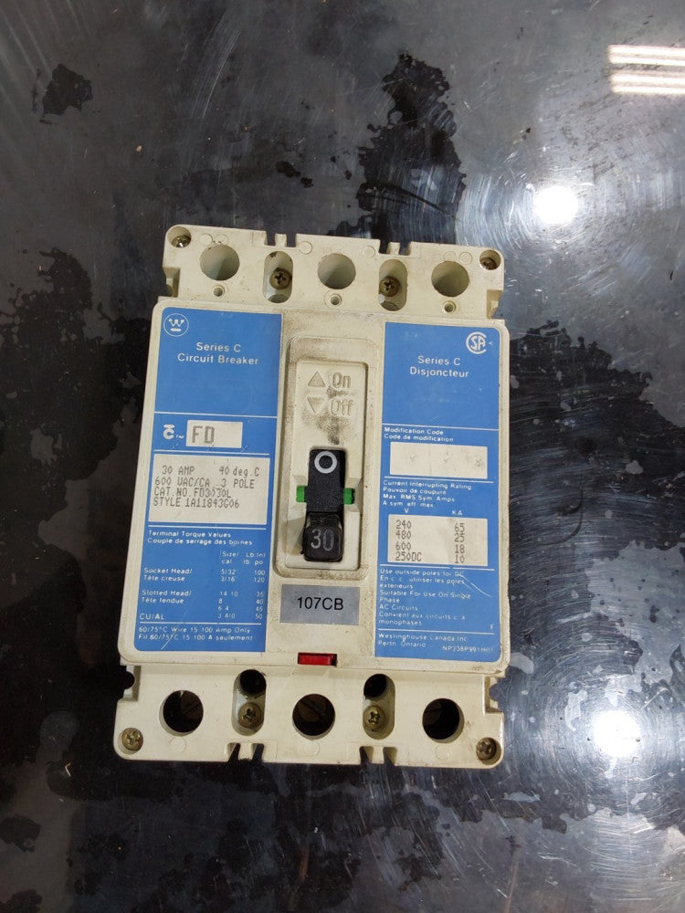 Westinghouse FD3030L 30 Amp 3 Pole 600V FD 25K Circuit Breaker