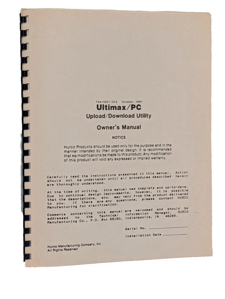 Hurco Products 704-0001-372 Ultimax/ PC Upload/ Download Utility Owner's Manual