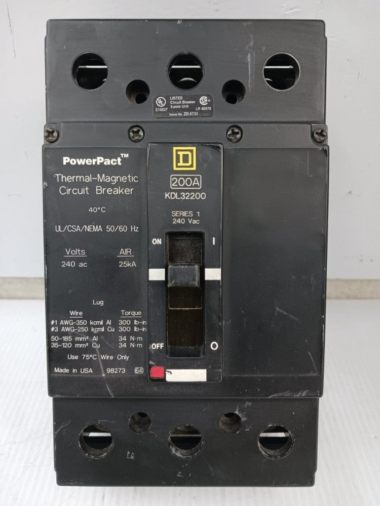 New Square D PowerPact 200 Amp Circuit Breaker 3 Pole 240 VAC 25kA KDL32200