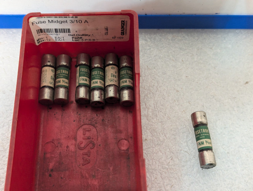 Lot of 7 Bussmann FNM-3/10 Fusetron Time Delay Midget 0.3A Fuse, 250vac, 1.5" L