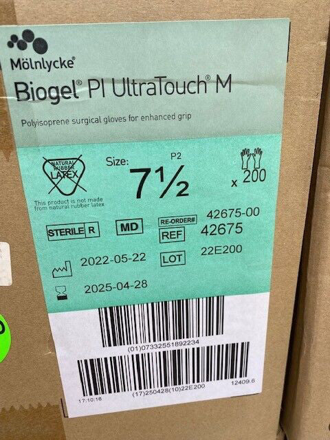 *200-Pair* Molnlycke Biogel PI UltraTouch M Sterile Surgical Size-7.5 Glov 42675