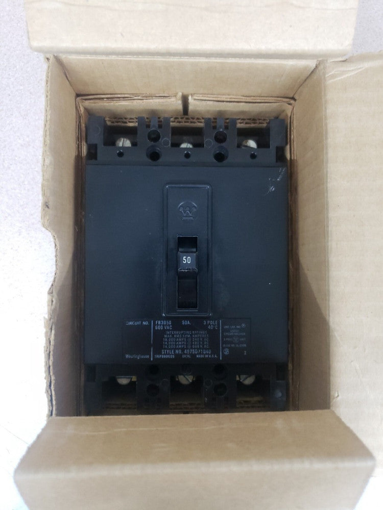 Westinghouse Cutler Hammer FB3050 Type FB Circuit Breaker 3 Pole 50 Amp 600 VAC 