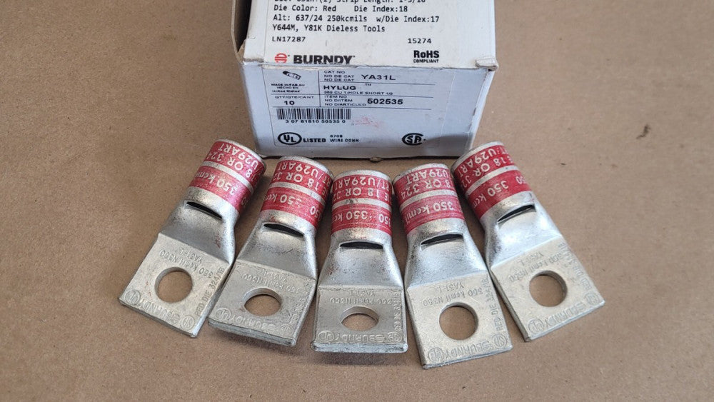 Lot of 5 Burndy YA31L Hylug Lugs 350CU 1 Hole Short 1/2 350kcmil
