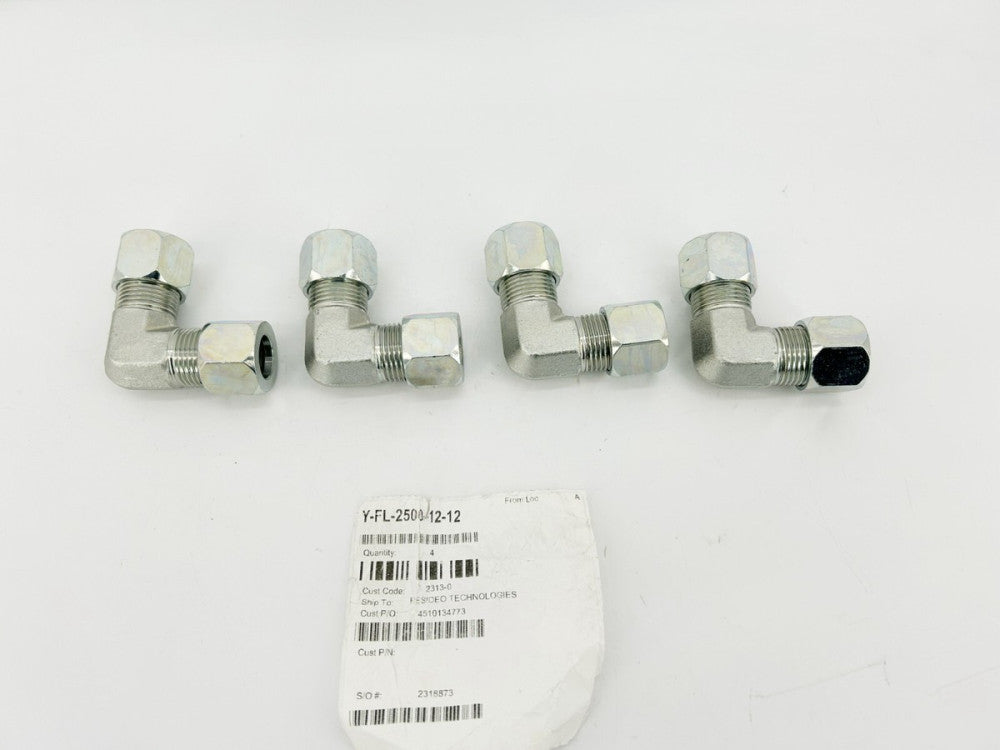 Lot of 4 New Y-FL-2500-12-12 Elbows, Male Flareless to Male Flareless Forged 90