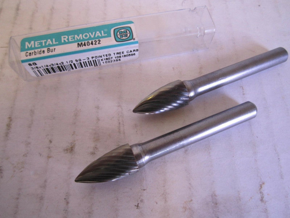 Metal Removal 3/8 x 1/4 x 3/4 x 2-1/2" SQ-3 Pointed Tree Carbide Burrs - Qty 2