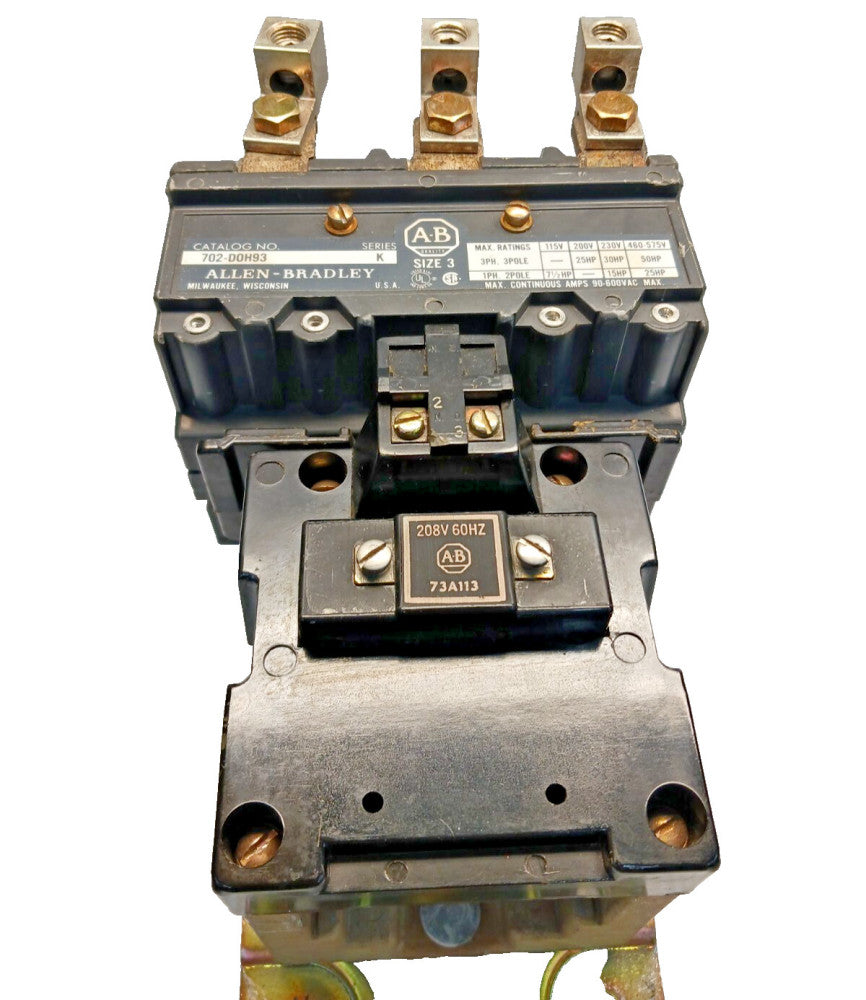 ALLEN BRADLEY NEMA SIZE 3 CONTACTOR 3 POLE 600 VAC 50 HP 208V COIL 702-DOH93 #1
