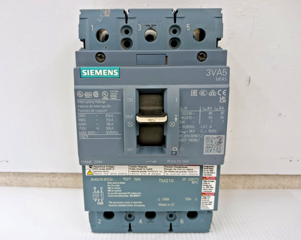 Siemens 150 Amp Circuit Breaker 3 Pole 600 VAC / 750 VDC 35kA 3VA5215-5ED32-0AA0