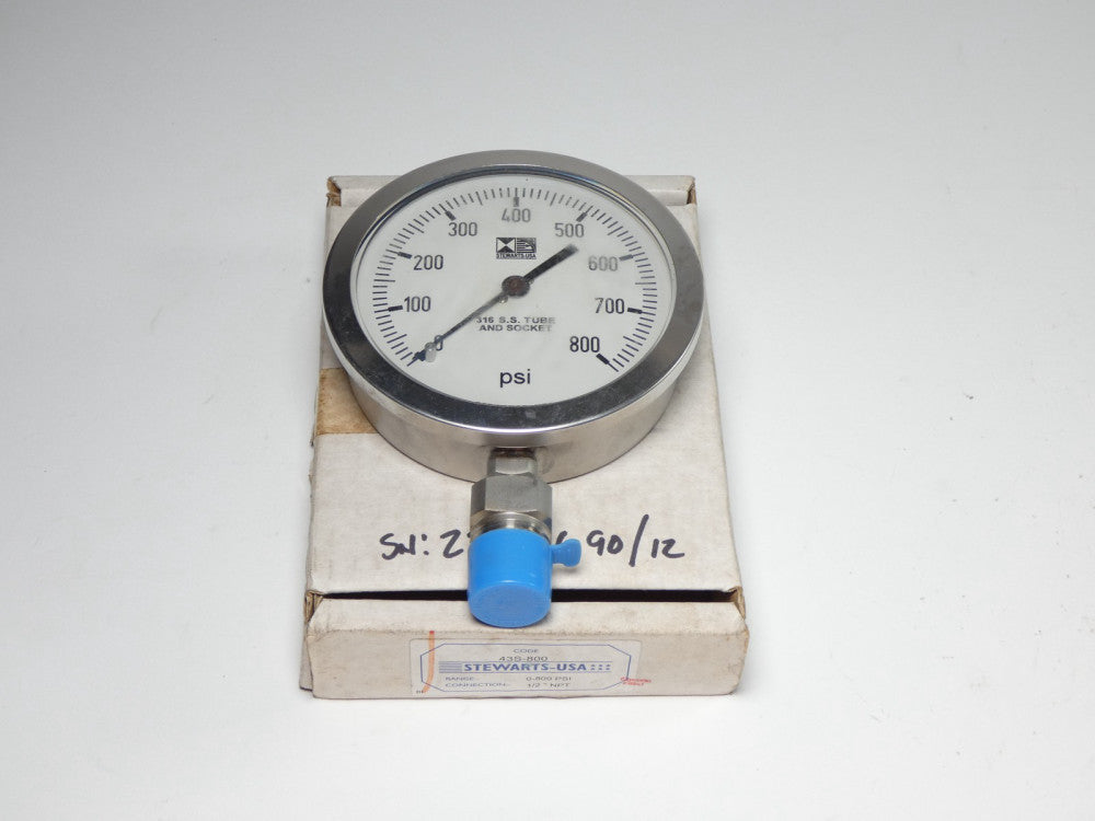 Stewarts-USA 43S-800 4" Pressure Gauge 0-800PSI 1/2"NPT Bottom - NEW Surplus!