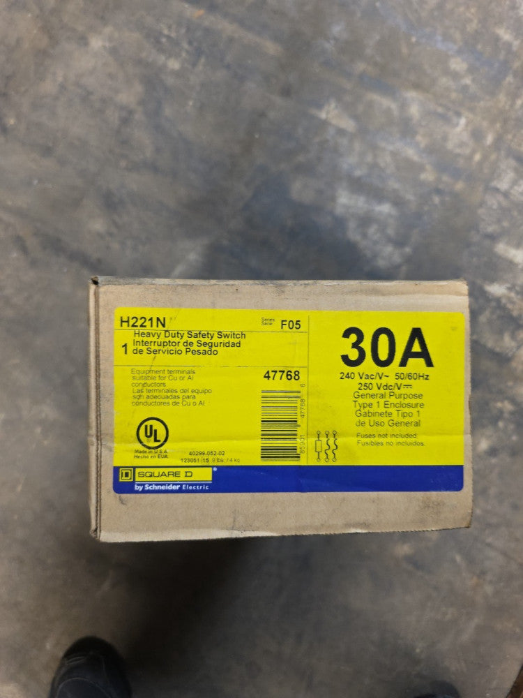 Square D H221N Safety Disconnect Switch Fusible 30A 240VAC 250VDC 2P NEMA Type 1