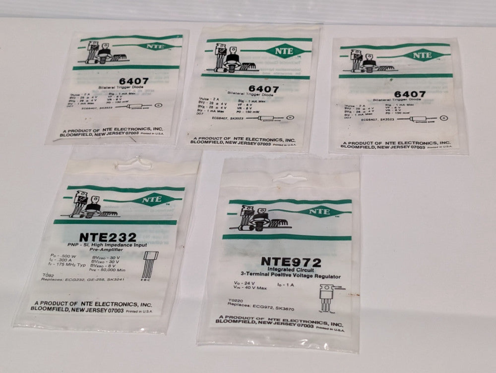Lot of 5: Asstd NTE Parts, 6407 Diode, NTE232 Pre-Amplifier, NTE972 Regulator