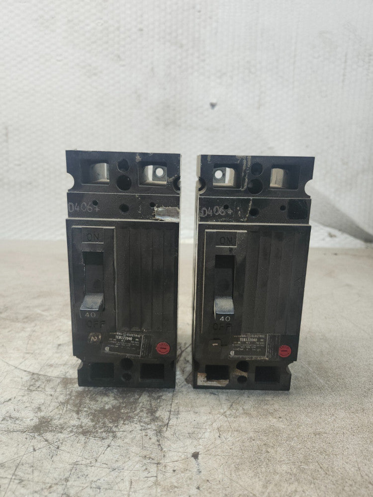 USED LOT OF 2 GENERAL ELECTRIC CIRCUIT BREAKER 240VAC, 40A, 2POLE, 40C,TEB122040
