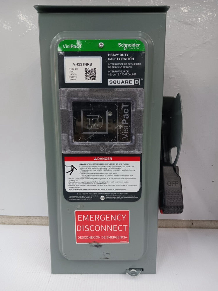 Square D VisiPacT 30 Amp Fusible Safety Switch 2P 240 VAC / 250 VDC 3R VH221NRB