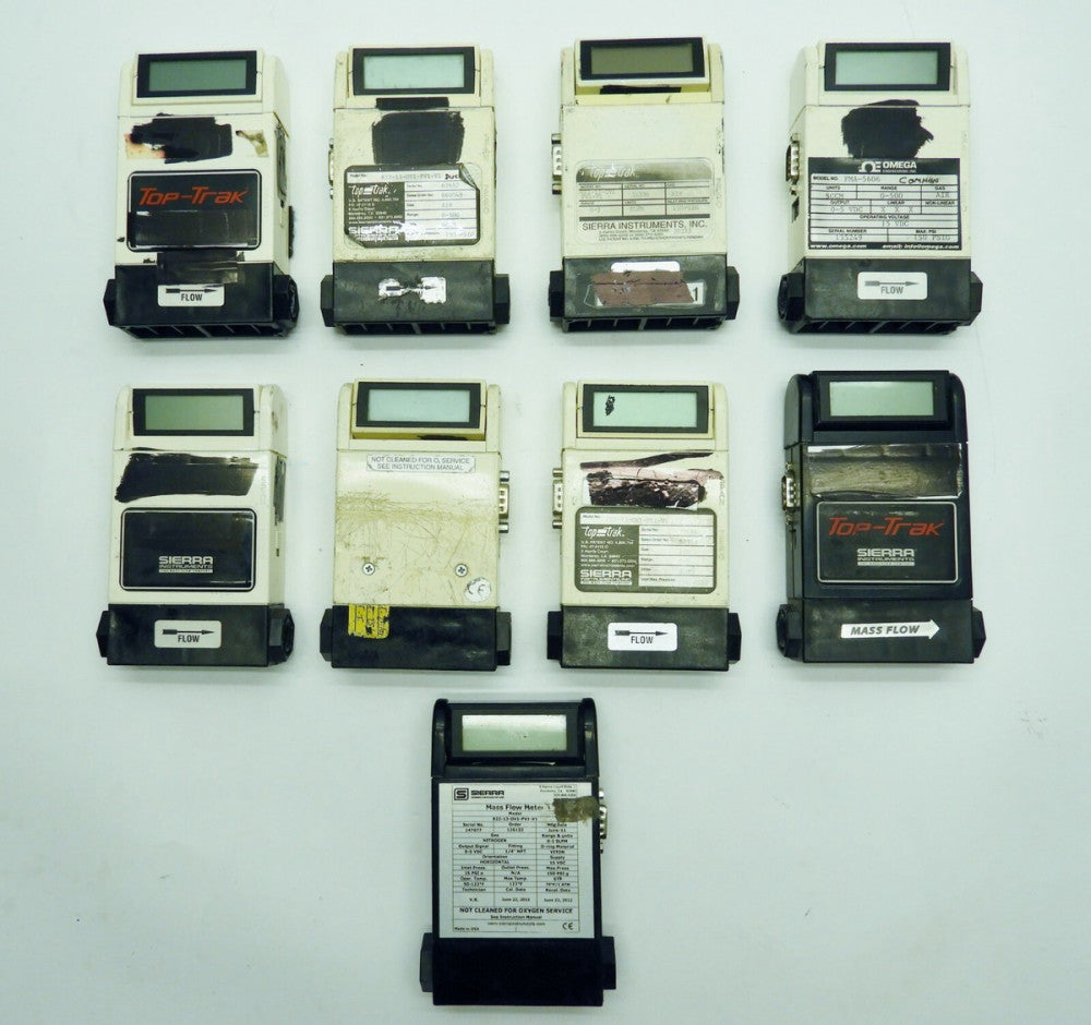 Lot of 9 Sierra and Omega Mass Flow Meter Ranges 0-2, 0-500, 0-100