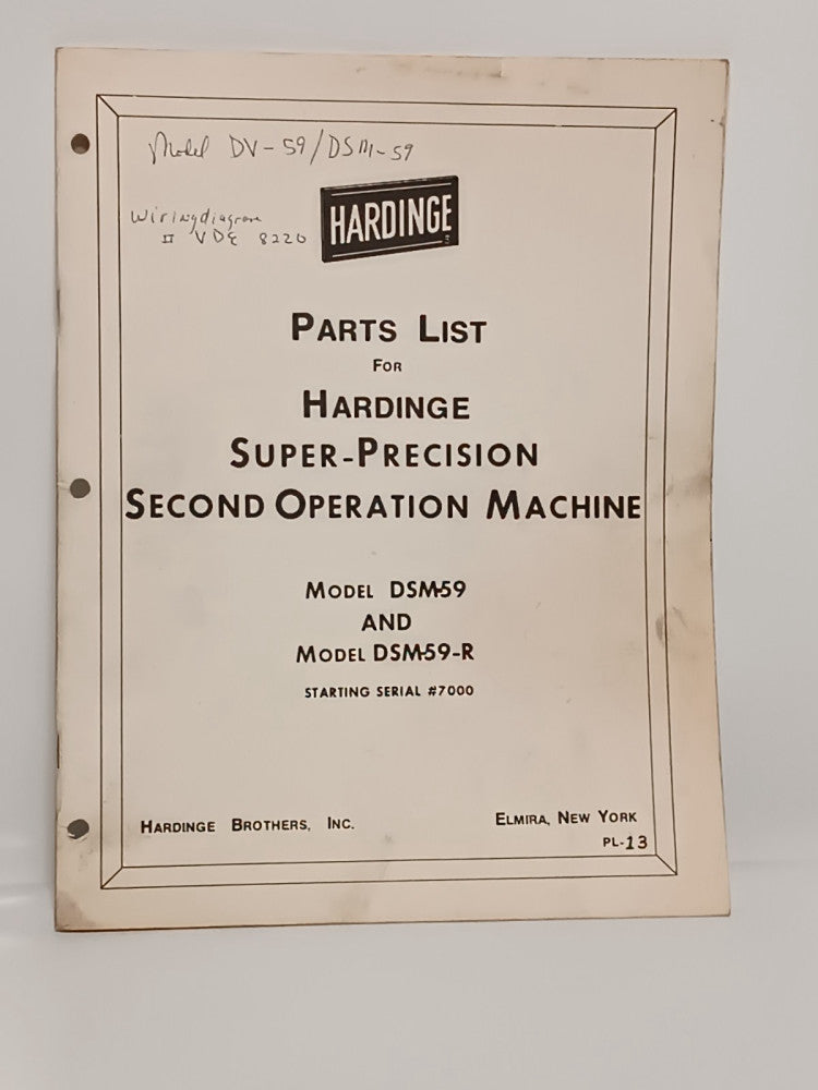 Hardinge DSM59/59-R Super Precision Second Operating Machine Parts List Manual