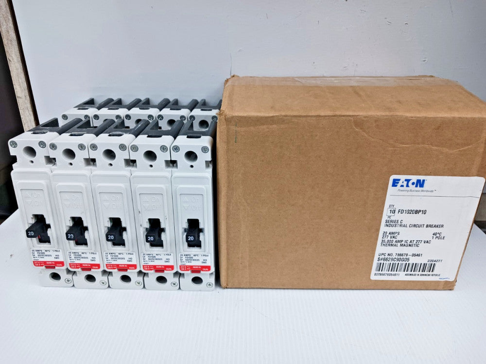Box Of 10) New Eaton 20 Amp Bolt-On Circuit Breaker 1 Pole 277 VAC 35kA FD1020