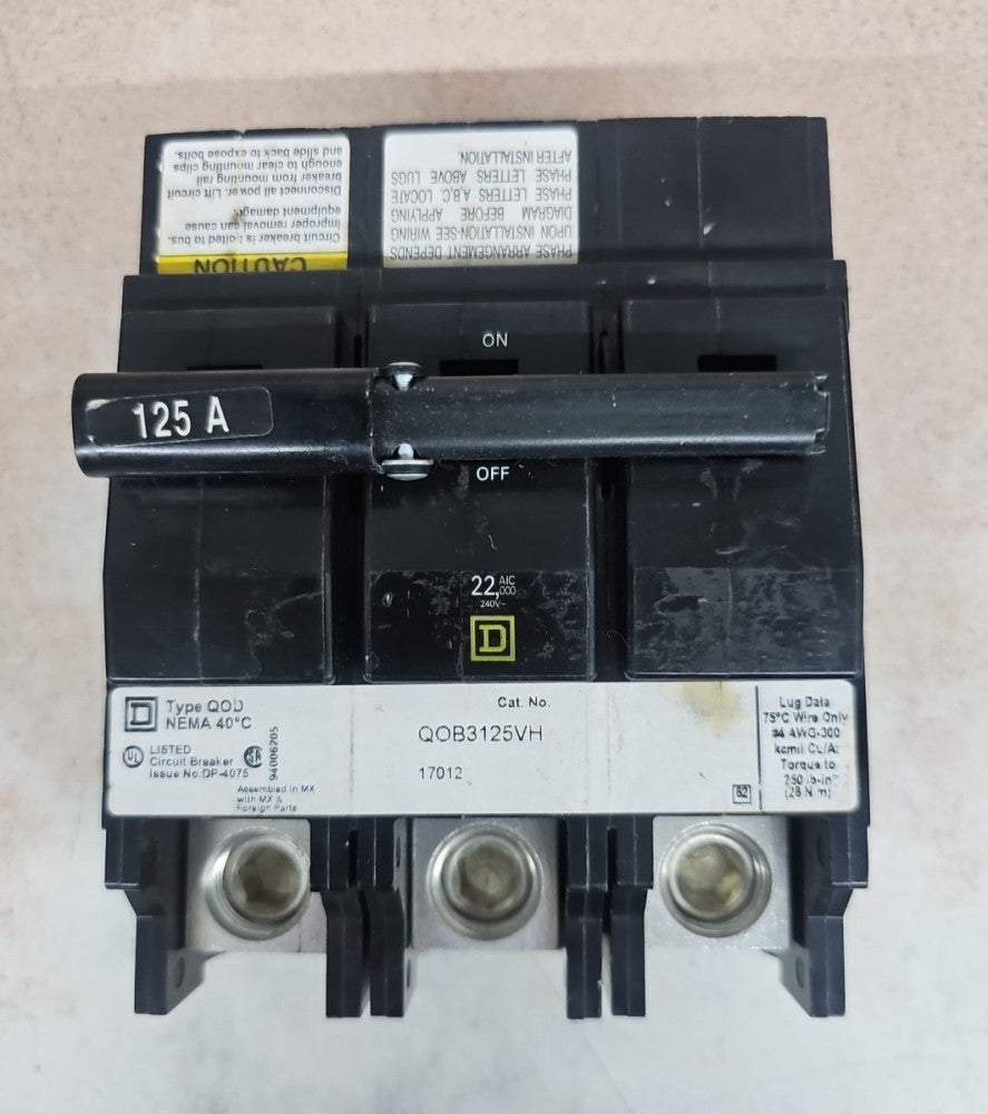 Square D QOB3125VH Bolt On Circuit Breaker 125A 3P 240V 3 Pole NTO
