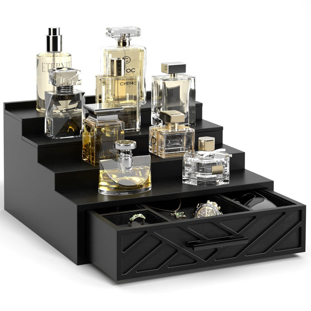 Cologne Organizer for Men 4 Tier Stand With Velvet Lining Drawer and Hidden C...