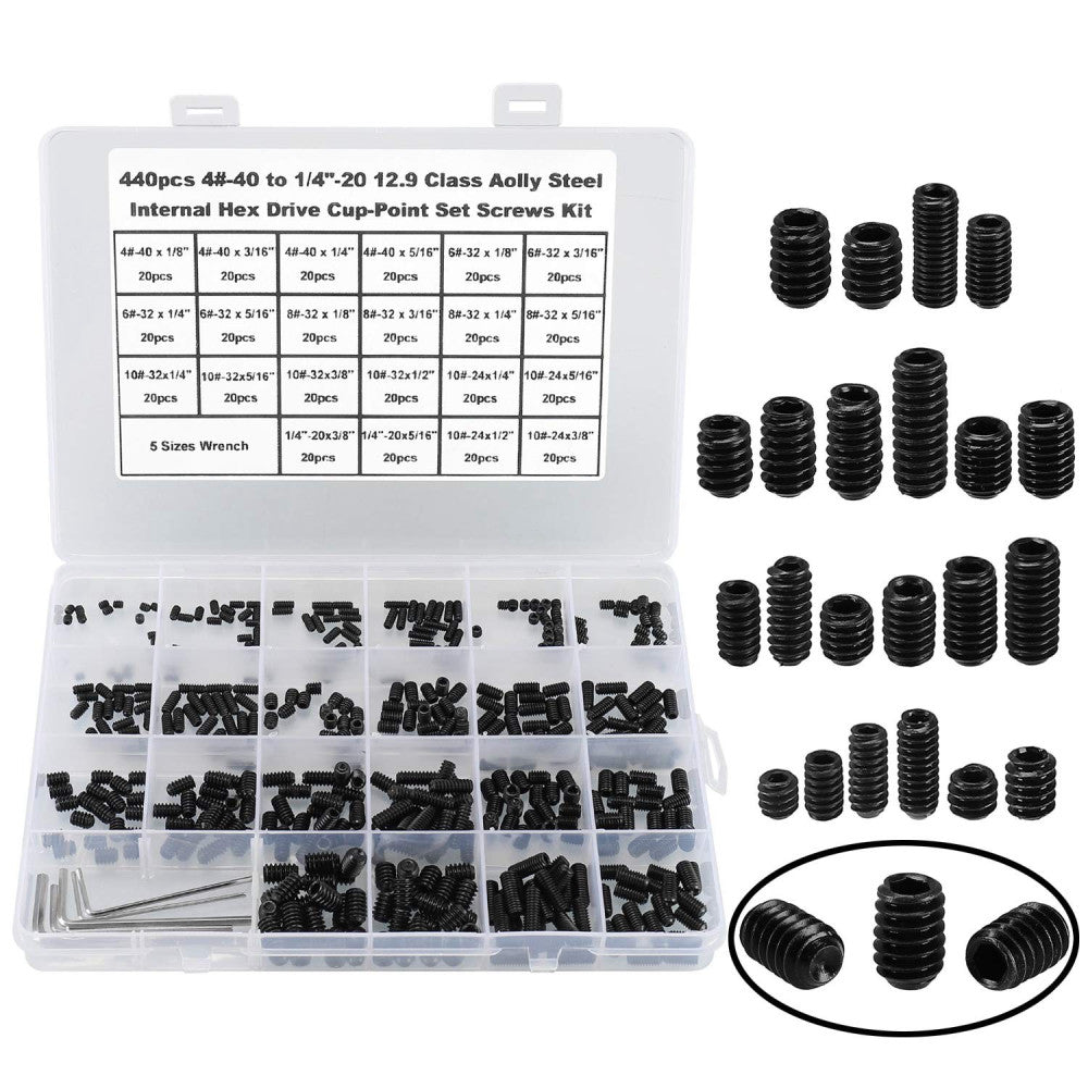 HanTof 440Pcs 22 Sizes,4#-40 to 1/4"-20 Standard SAE Allen Head Socket Hex Gr...