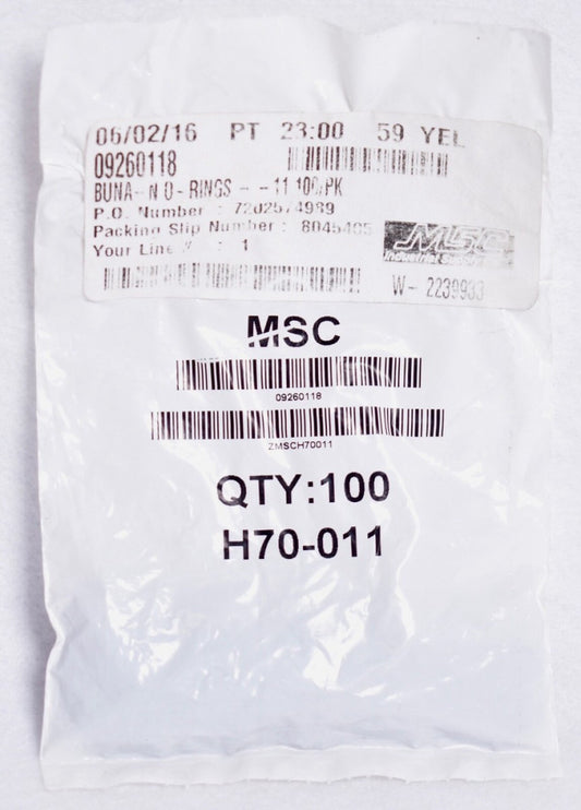 100 Count MSC H70-011 5/16" ID x 7/16" OD Dash 011 Buna-N O-Rings  09260118