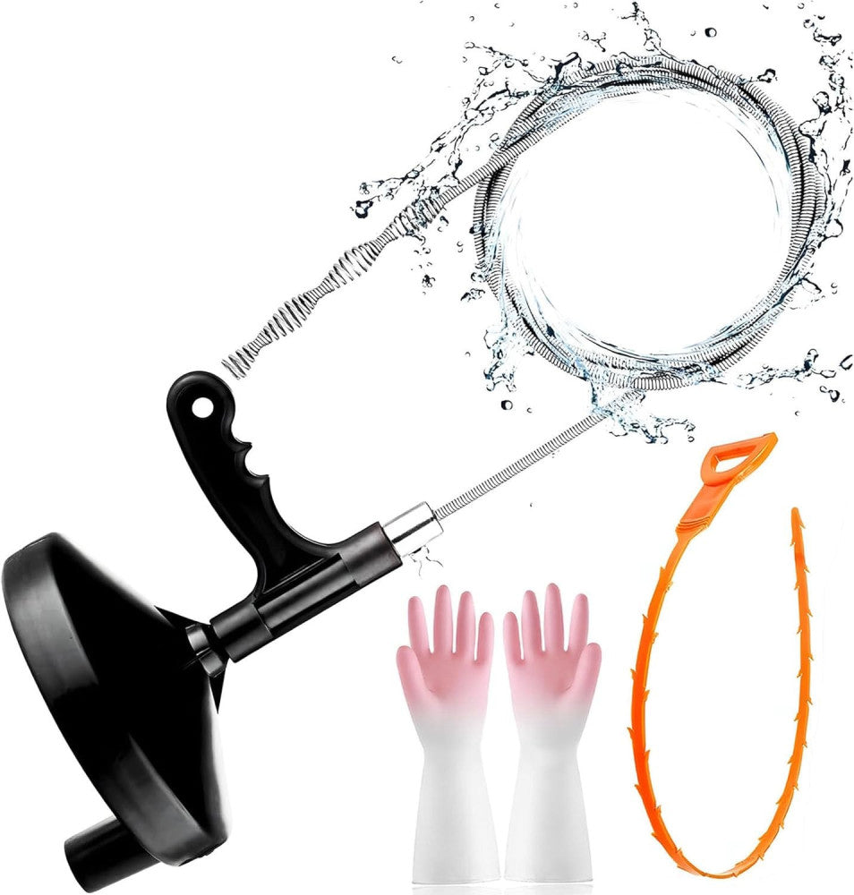 25FT Manual Drain Auger Snake Pipe Cleaner with Crank Handle Gloves & Hair Hook