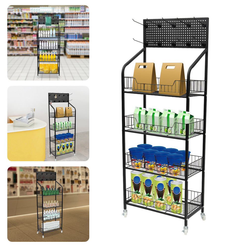 4-Tier Mobile Retail Display Rack Snack Storage Organizer Basket Stand Cart+Hook