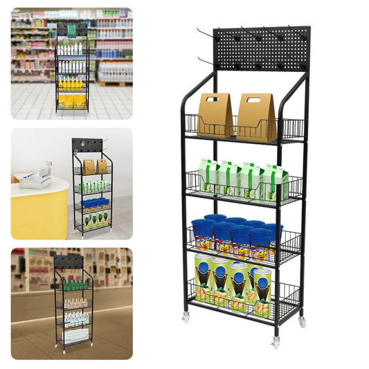 4-Tier Mobile Retail Display Rack Snack Storage Organizer Basket Stand Cart+Hook