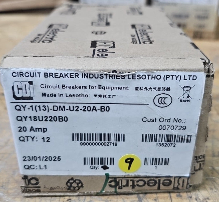 Box of 9 CBI 20A Circuit Breakers QY18U220B0 1 Pole Units