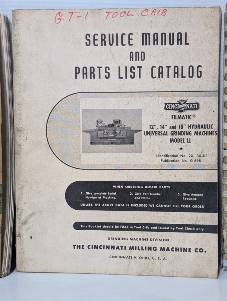 Cincinnati Milling Machine Company G-698 Service Manual and Parts List Catalog