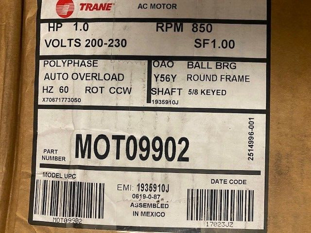 TRANE 3 Phase Motor, 1 HP, 200-230V, 850 RPM, MOT09902 (NEW)
