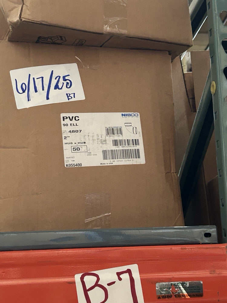 (50/CASE) Nibco PVC DWV Pipe Fitting, 90 Degree Elbow, 2" Hub 4807 Series
