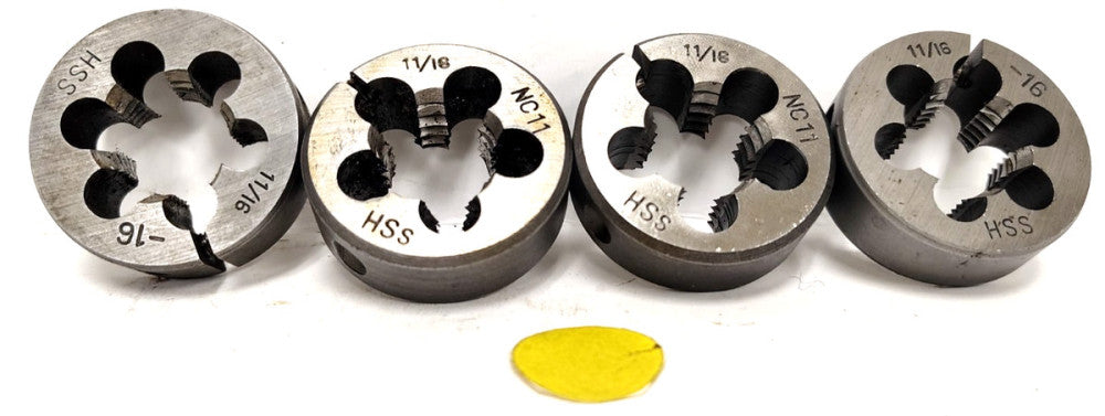 11/16"-16 THREAD DIES STEEL MATERIAL 1-1/2" OAD 1/2" THICK LOT OF 4