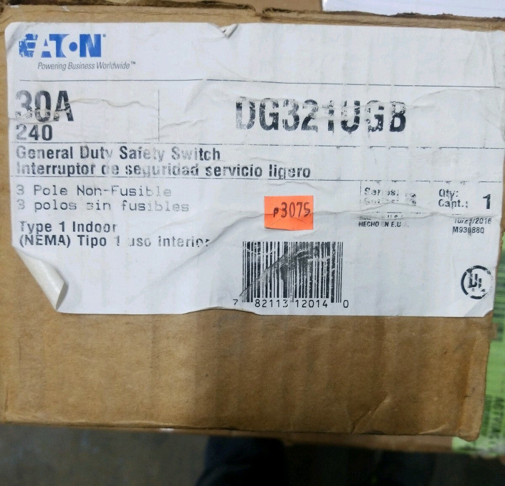 DG321UGB 30 amp 240 volt 3 pole Eaton safety switch NEMA 1 non-fusible 
