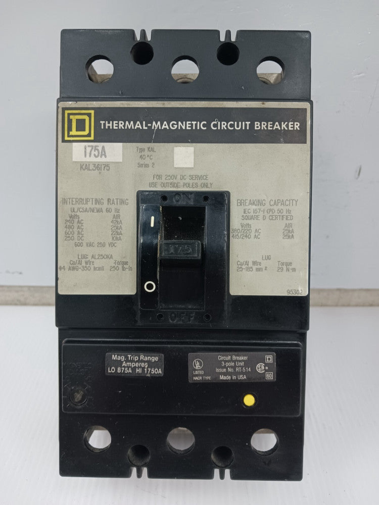 New Square D 175 Amp Thermal-Magnetic Circuit Breaker 3 Pole 600 VAC KAL36175