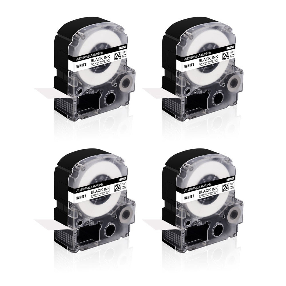 4PK Fits EPSON LK-6WBN KingJim SS24KW 24mm Tape Black on White Label 1"