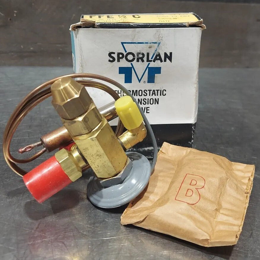 SPORLAN Thermostatic Expansion Valve FFE-1/2-C.  Inlet 1/4"-Outlet 1/2" Flare
