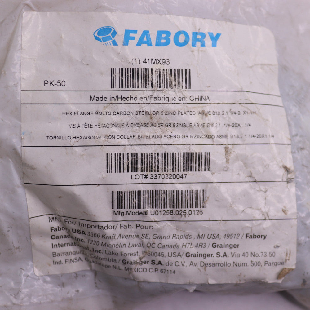 (50-Pk) Fabory Flange Bolts Zinc Plated Steel Partial Thread Grade 5 1-1/4"