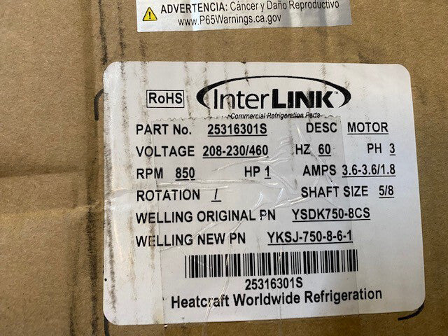 Heatcraft 25316301S Fan Motor, 1HP, 850 RPM 208-230/460 VAC