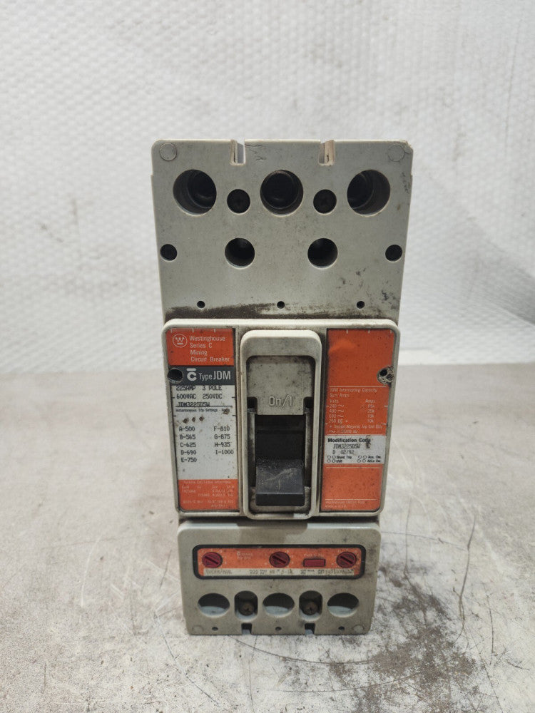 USED WESTINGHOUSE 3 POLE 225AMP MINING CIRCUIT BREAKER JDM3225D5W